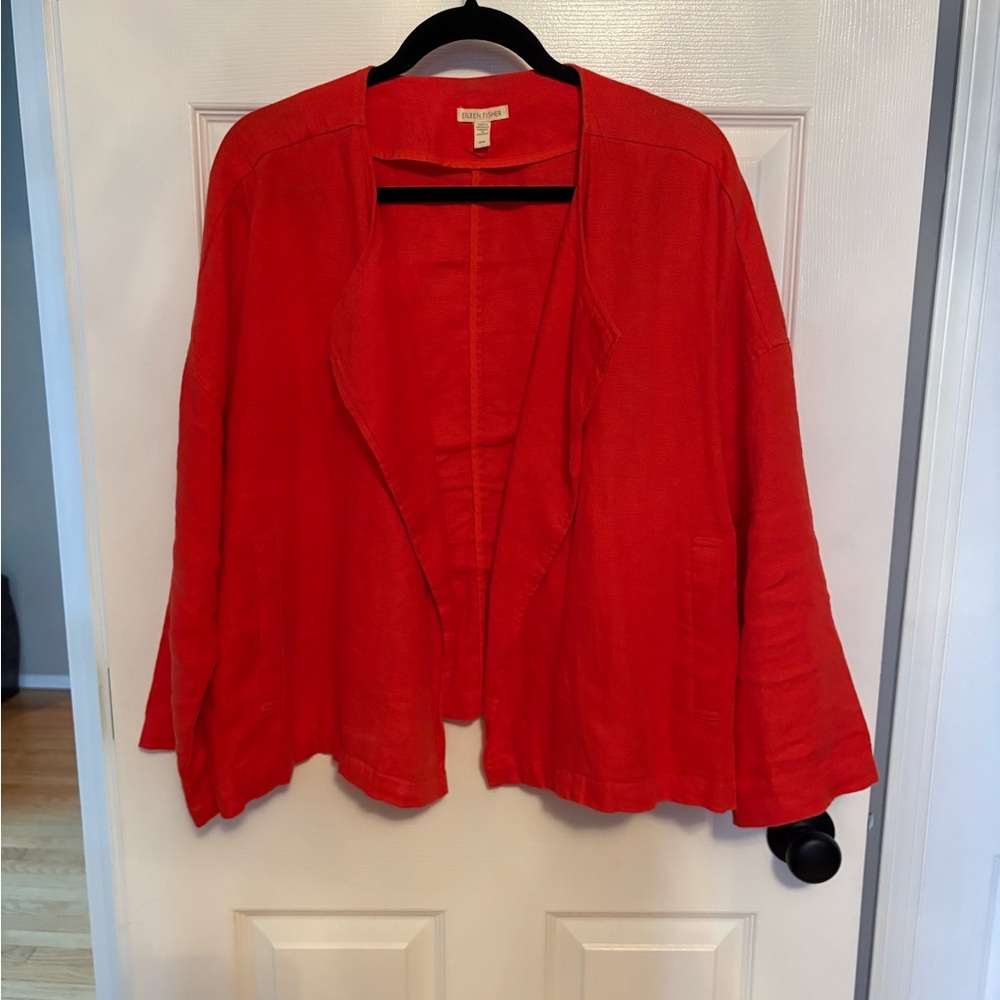 Eileen Fisher Linen, Vibrant Red Open Front Blazer